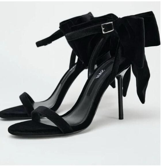 NWT ZARA Heeled Sandals with Maxi Bow 6.5 Black - Picture 1 of 8